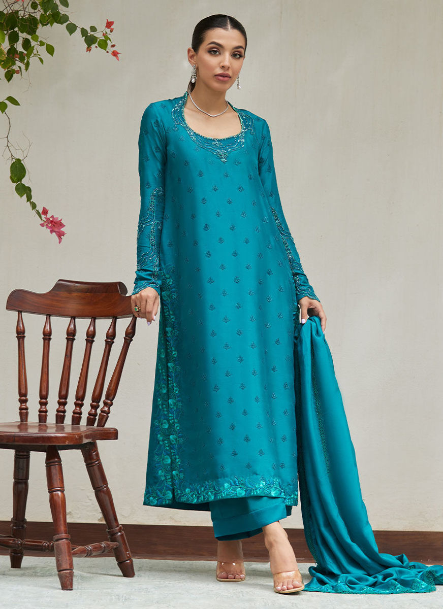 Persian Green Embroidered And Embellished Raw Silk Shirt With Dupatta
