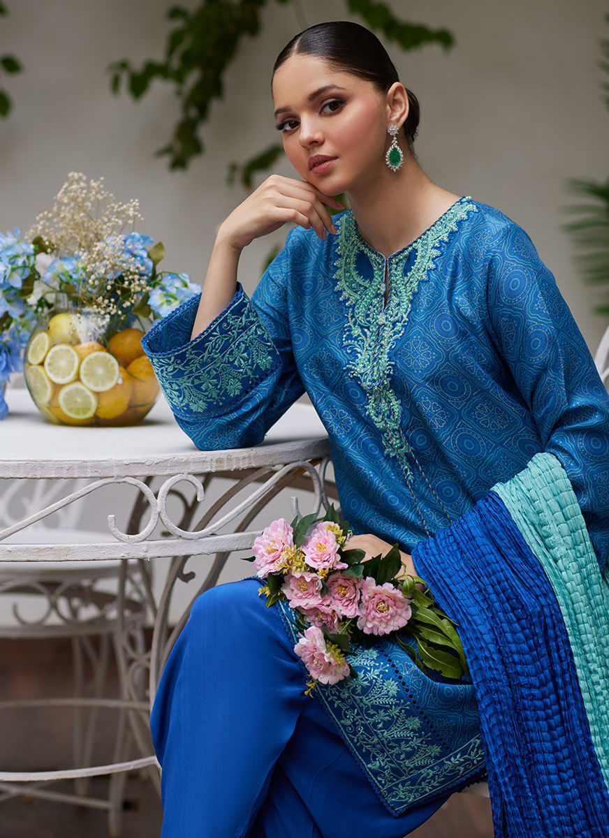 Faina Cobalt Blue Embroidered Raw Silk Shirt And Dupatta