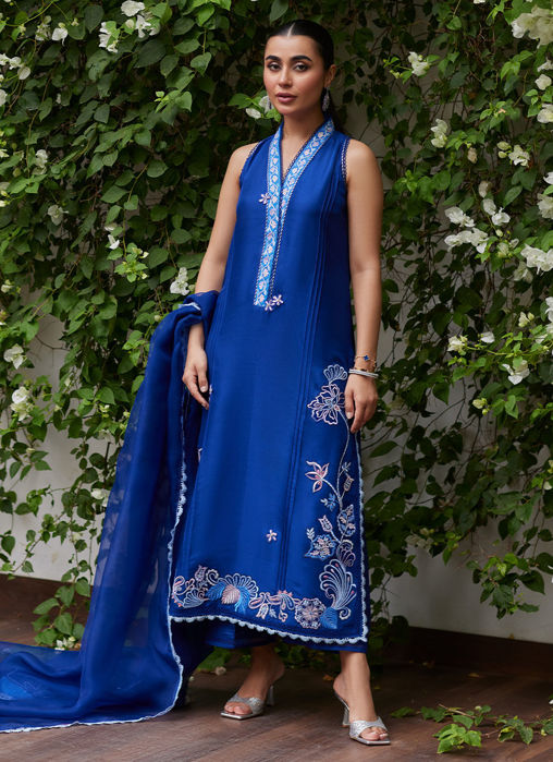 Inga Ink Blue Embroidered Raw Silk Shirt And Dupatta