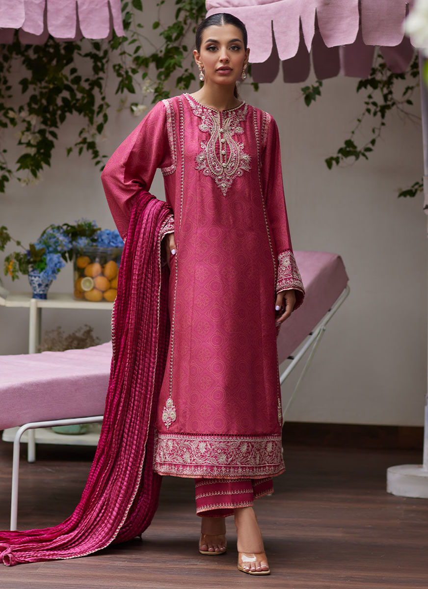 Feo Crimson Embroidered Raw Silk Shirt And Dupatta