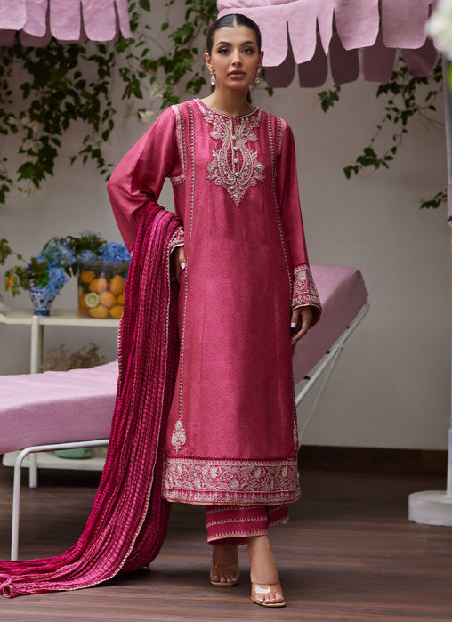 Picture of Feo Crimson Embroidered Raw Silk Shirt And Dupatta