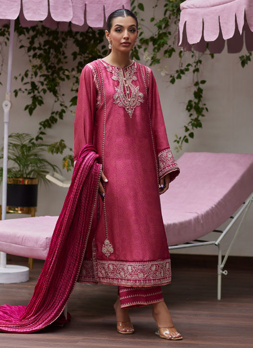 Feo Crimson Embroidered Raw Silk Shirt And Dupatta