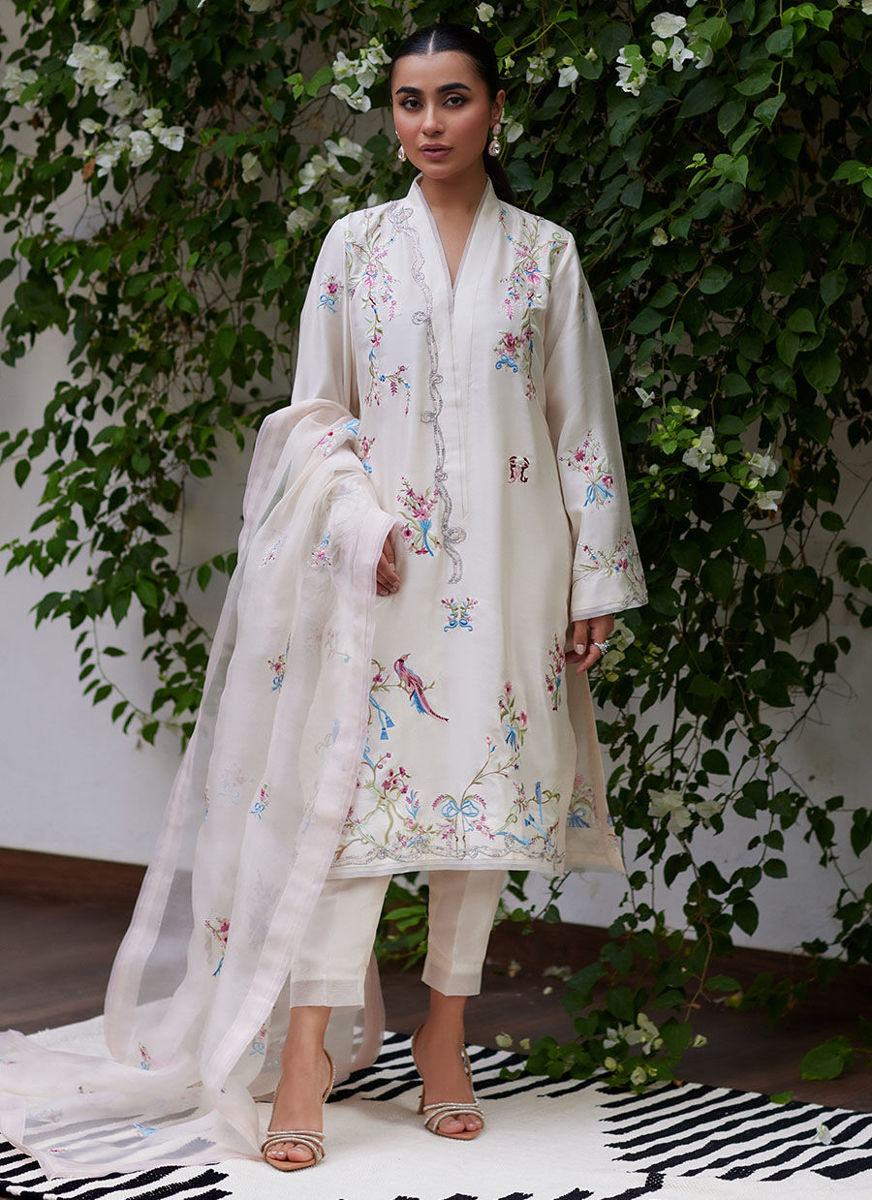 Vasily Ivory Embroidered Raw Silk Shirt With Dupatta