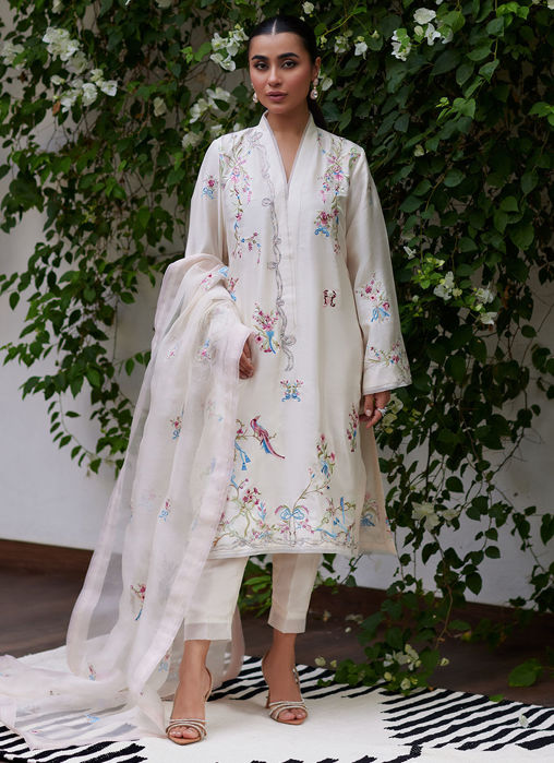 Picture of Vasily Ivory Embroidered Raw Silk Shirt With Dupatta