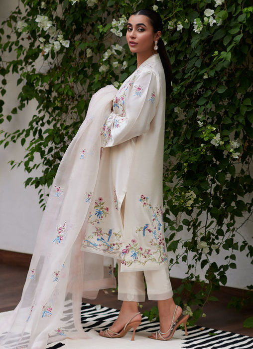 Vasily Ivory Embroidered Raw Silk Shirt With Dupatta