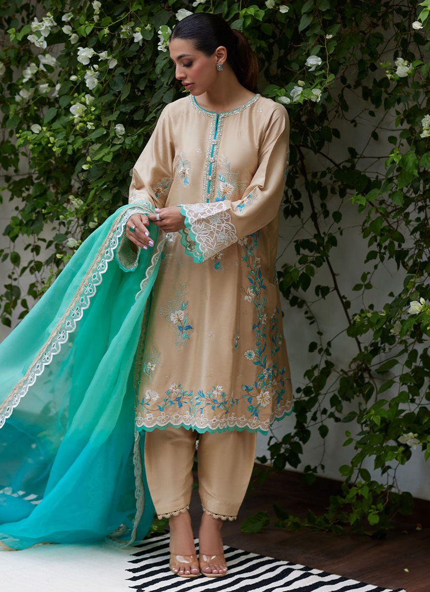 Venia French Beige Embroidered Raw Silk With Dupatta