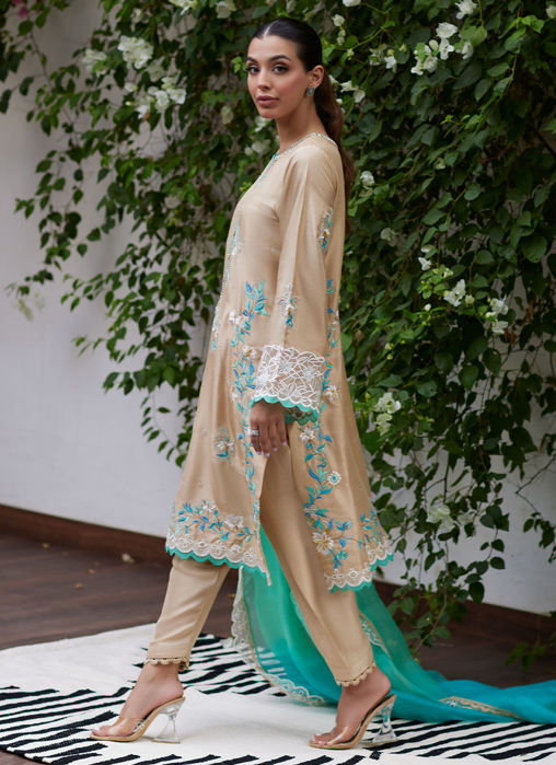 Venia French Beige Embroidered Raw Silk With Dupatta