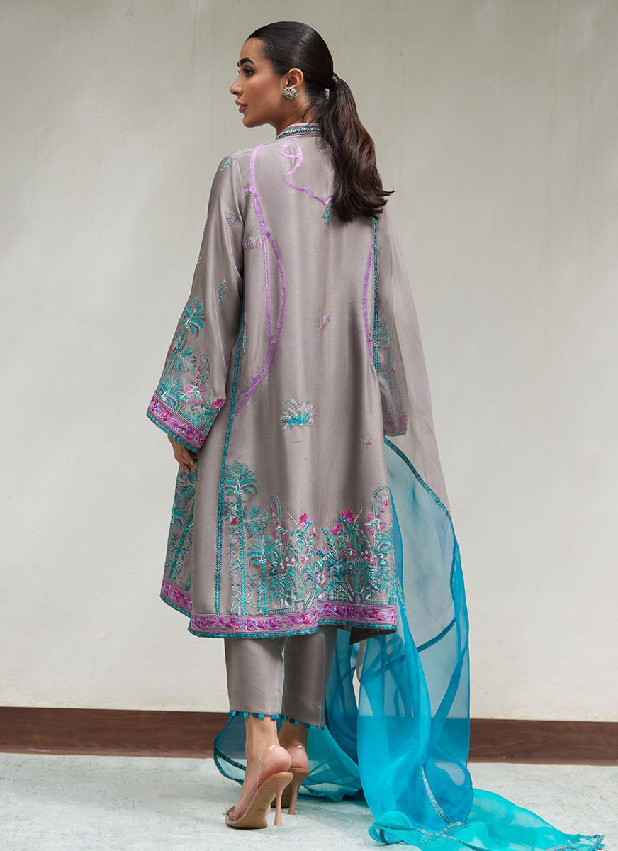 Natalya Charcoal Embroidered Raw Silk Shirt With Organza Dupatta
