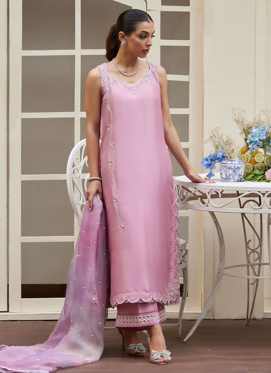 Ninel Lilac Embellished Raw Silk Shirt With Printed Organza Dupatta