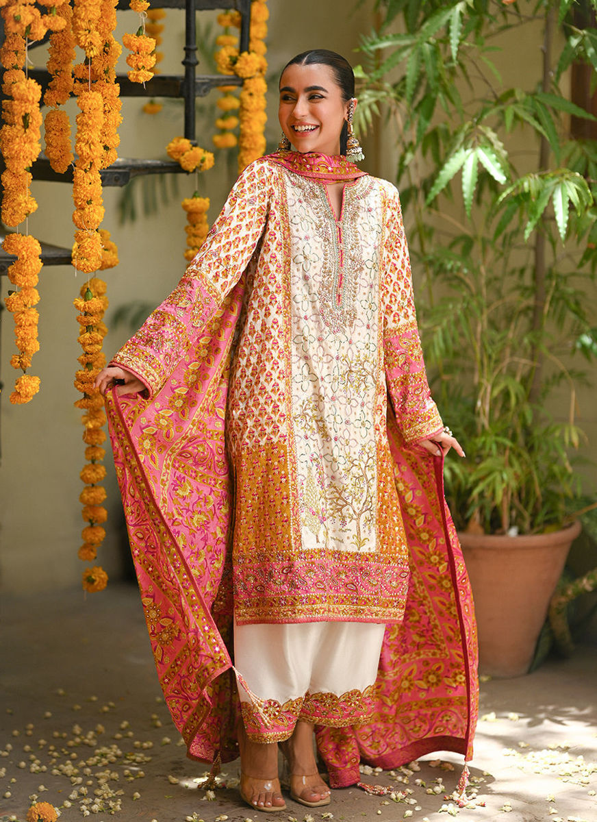 Twila Ivory Hand Worked Kurta, Izaar, With Block Printed Embellished Dupatta
