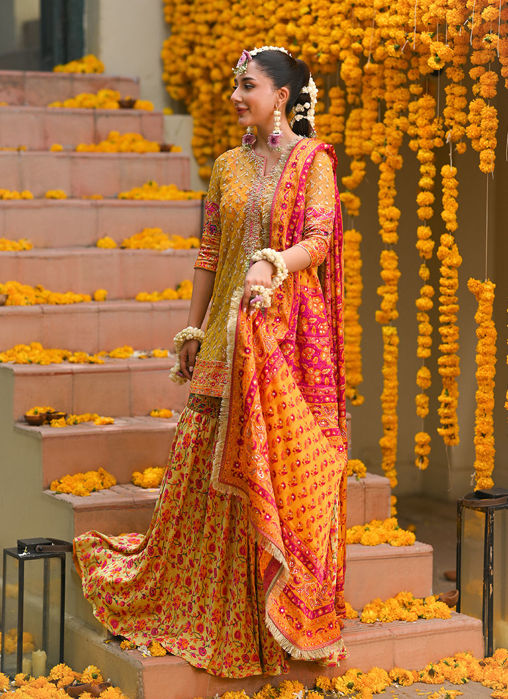 Losalie Saffaron Embellished Shirt Block Print Gharara And Dupatta