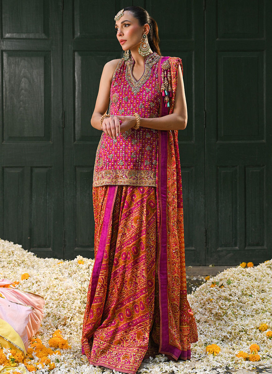 Ayala Magenta Pink Block Printed Shirt Dupatta And Lengha