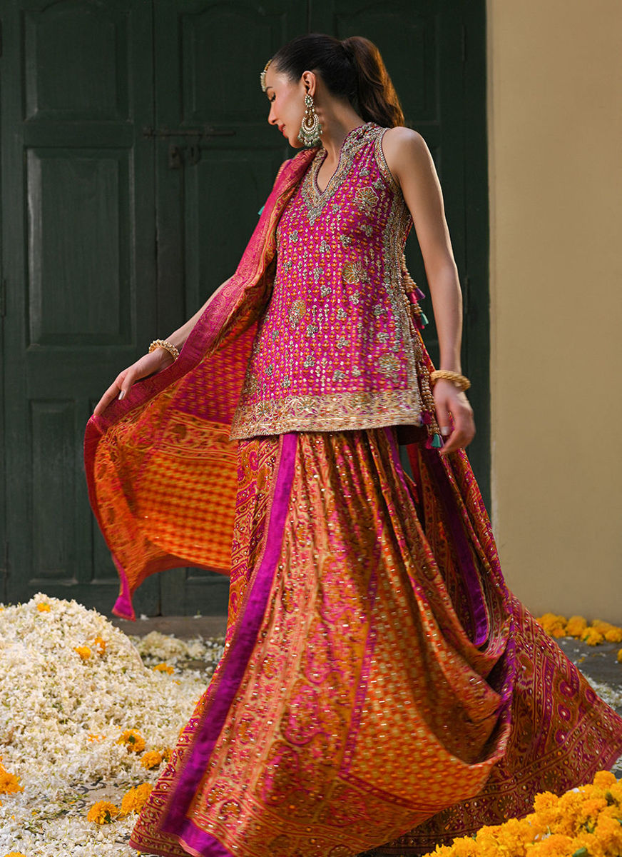 Ayala Magenta Pink Block Printed Shirt Dupatta And Lengha