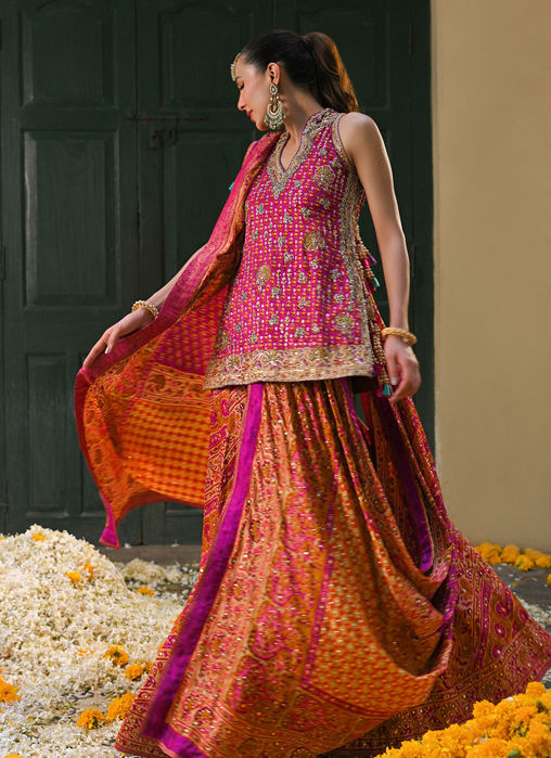 Ayala Magenta Pink Block Printed Shirt Dupatta And Lengha