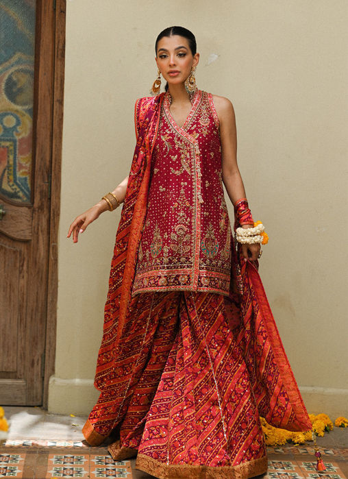 Picture of Primrose Crimson Angharkha, Embellished Do-Paincha Dhakha And Block Print Dupatta