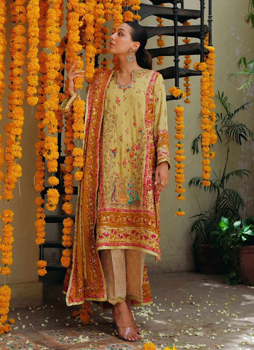 Nymeria Kiwi Green Kurta, Embellished Block Print Dupatta And Izaar