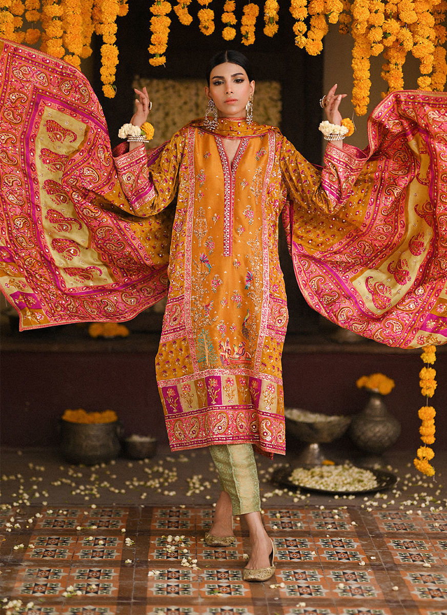 Lumi Bright Mustard Embellished Kurta And Block Printed Dupatta