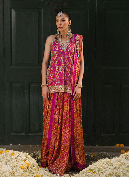 Picture of Ayala Magenta Pink Block Printed Shirt Dupatta And Lengha