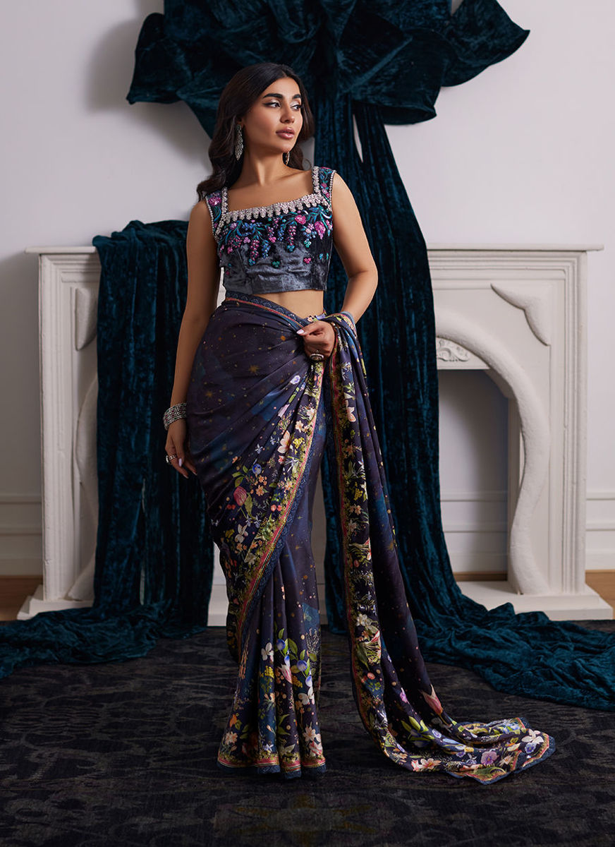 Alixia Charmeuse Saree With Velvet Blouse