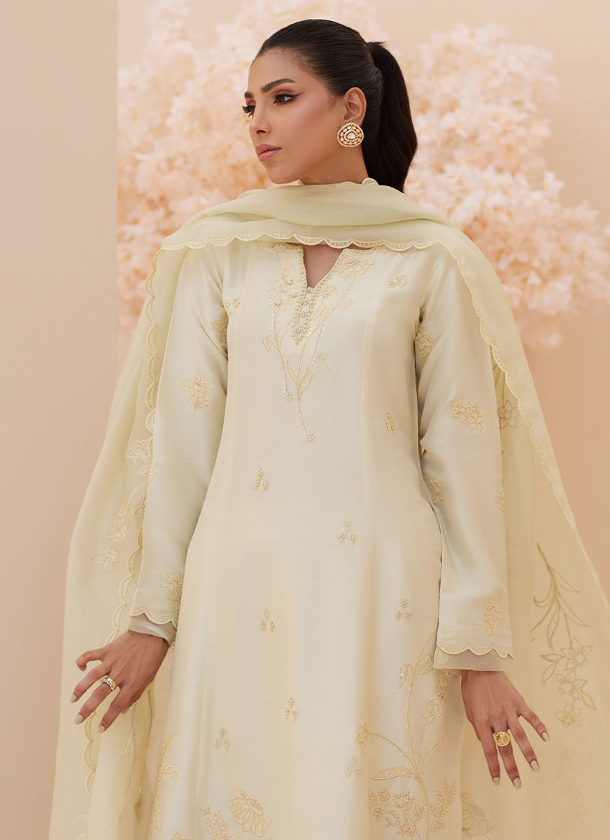 Crema Embroidered Raw Silk Shirt And Dupatta