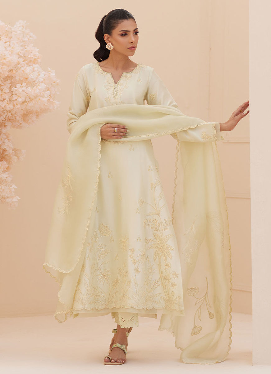 Crema Embroidered Raw Silk Shirt And Dupatta