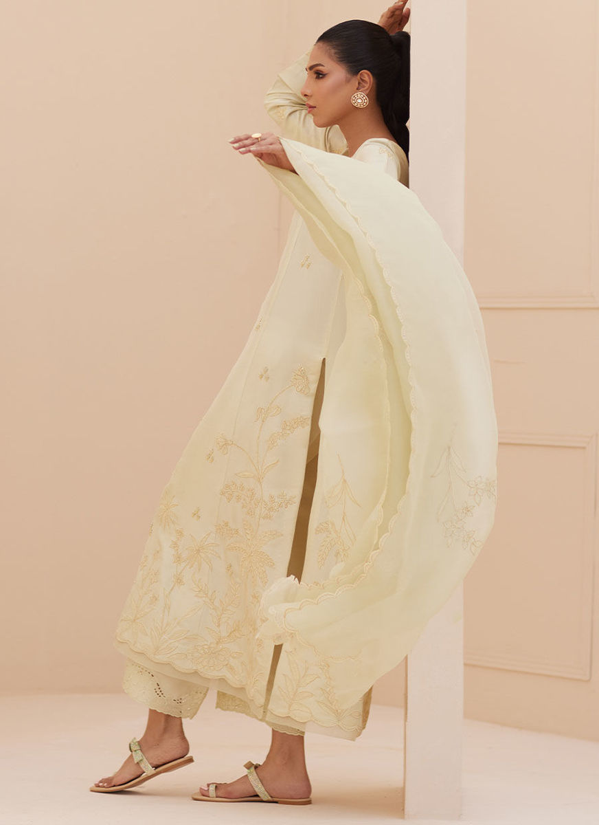 Crema Embroidered Raw Silk Shirt And Dupatta