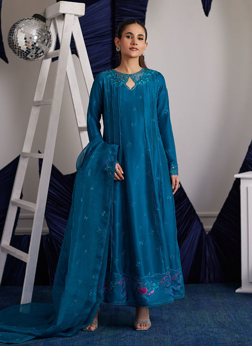 Shiro Teal Paneled Shirt And Dupatta