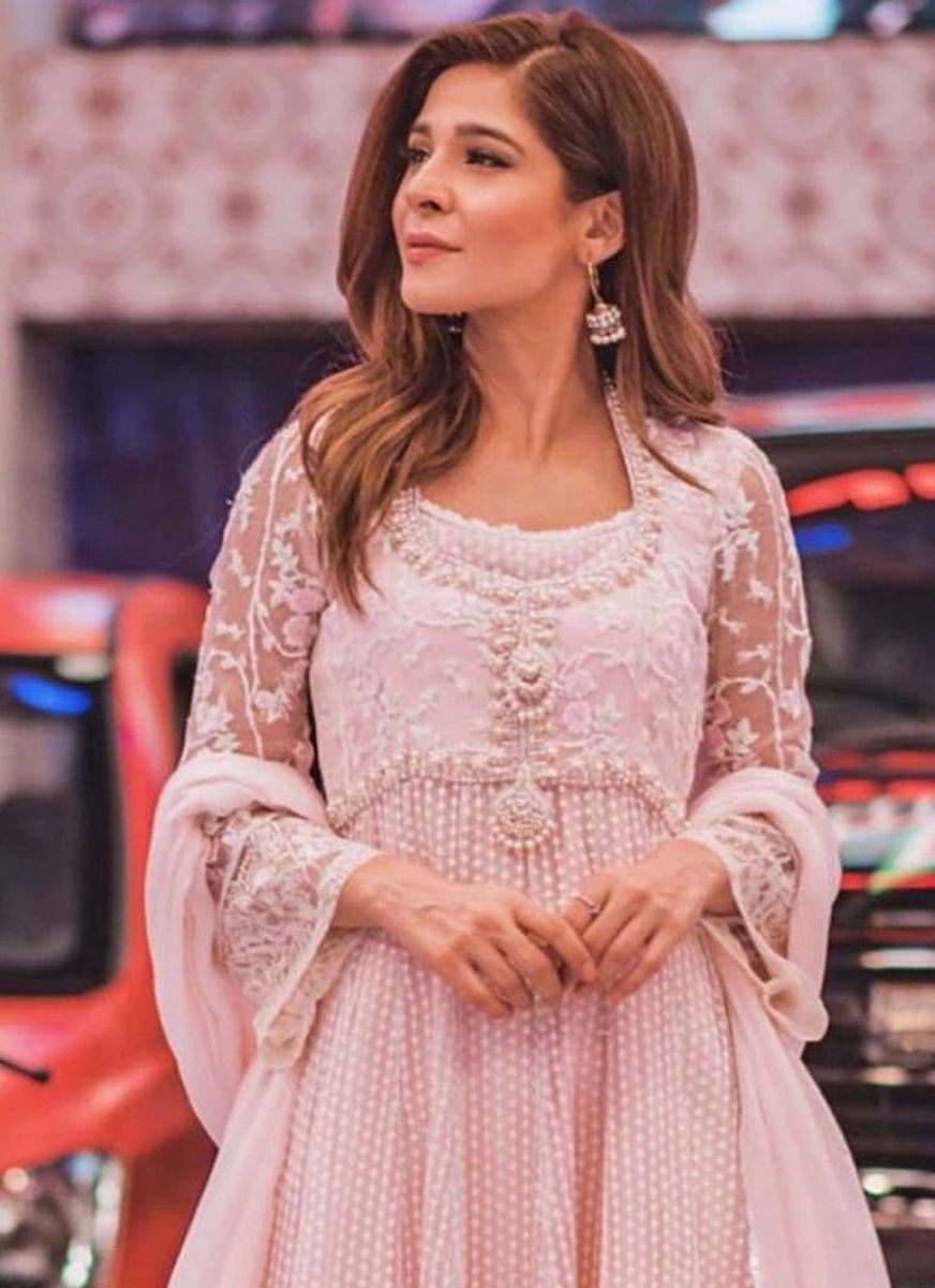 Ayesha Omar In Our Pearl Pink Hand Embellished Ensemble.