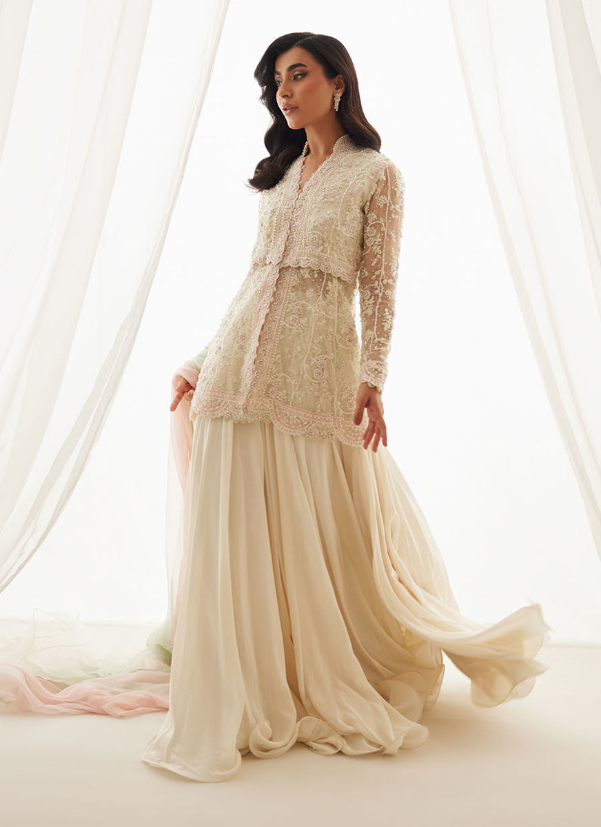 Zariah Ivory Peplum, Lehenga And Dupatta
