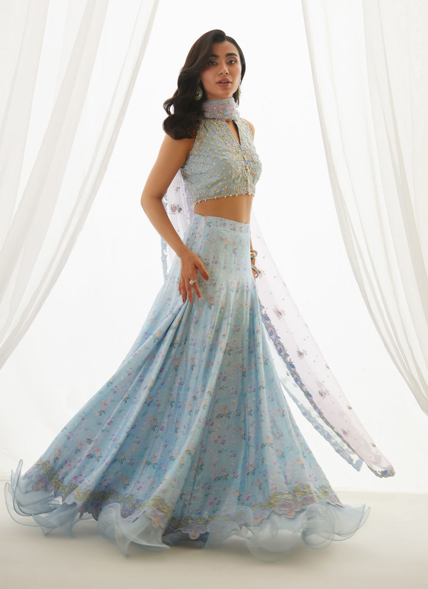 Zyla Sky Blue Choli, Lehenga And Dupatta